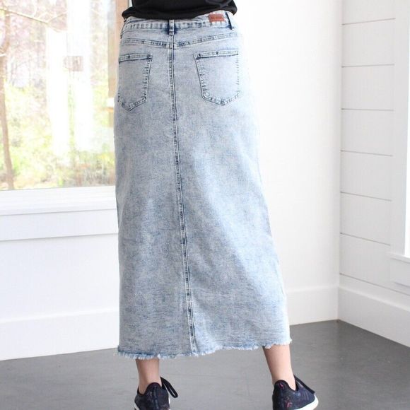 NWT Be-Girl Long Modest Acid Jean Skirt Sz Medium Sand Blush Maxi Stretch Denim - Picture 2 of 14
